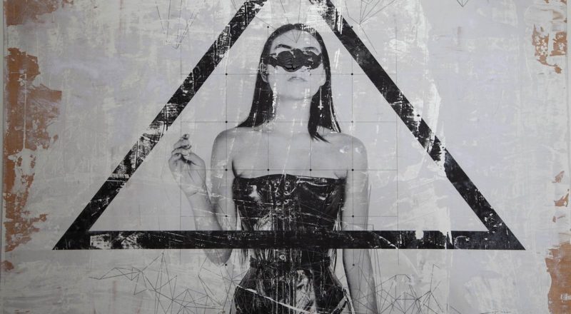 black and white photo transfer on wood, abstract art layers, triangle art